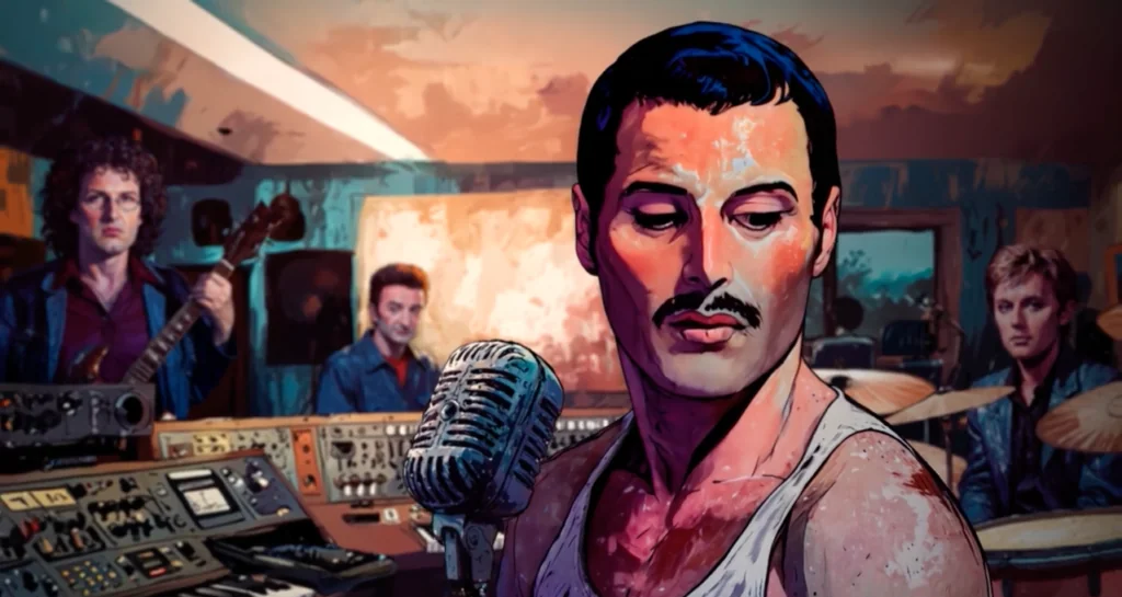 Gemalte Szene mit Freddie Mercury in einem Tonstudio