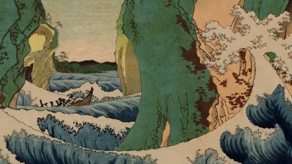 Japanisch inspirierte Waldlandschaft mit feinen gezeichneten Bäumen