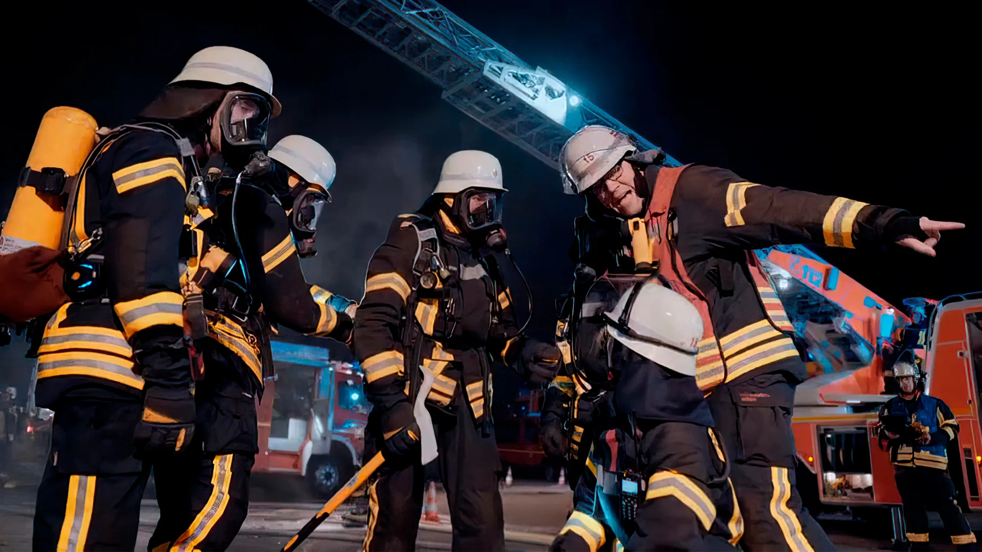 Feuerwehrleute im Scheinwerferlicht bei Nacht