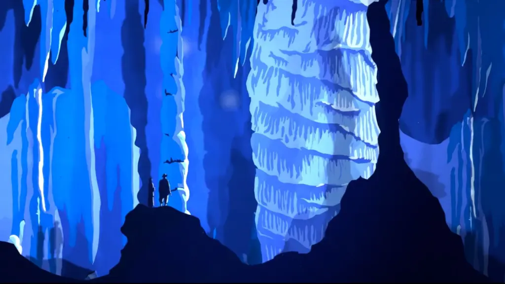 Blaue illustrierte Höhle aus dem Musikvideo Hush